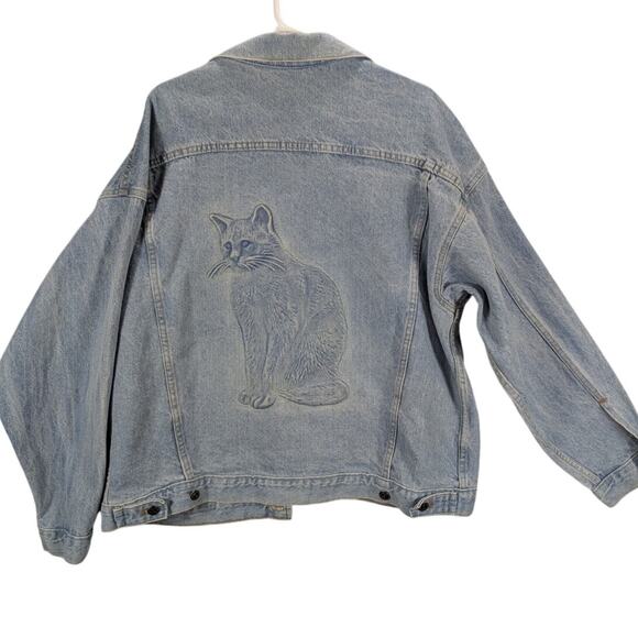 Vintage TYCA Cat Jean Jacket Mens Extra Large Cotton Made in USA Lt Wash Denim - Picture 1 of 11